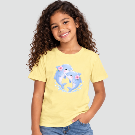 Criança usando camiseta infantil amarela com estampa de golfinhos