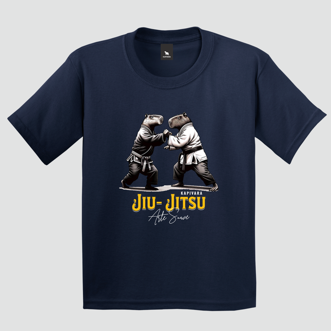 Camiseta Adulto Capivara Jiu-Jitsu Arte Suave na cor azul marinho com estampa exclusiva de capivaras praticando Jiu-Jitsu.