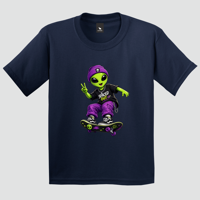Camiseta infantil Alien Skater azul-marinho com alien de skate