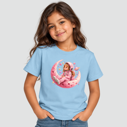 Menina usando camiseta azul-claro Astronauta Lua Rosa