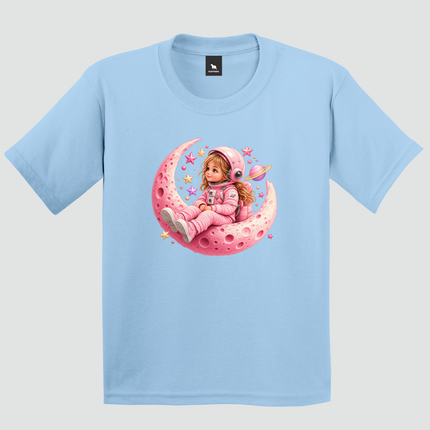 Camiseta infantil azul-claro Astronauta Lua Rosa com estampa espacial