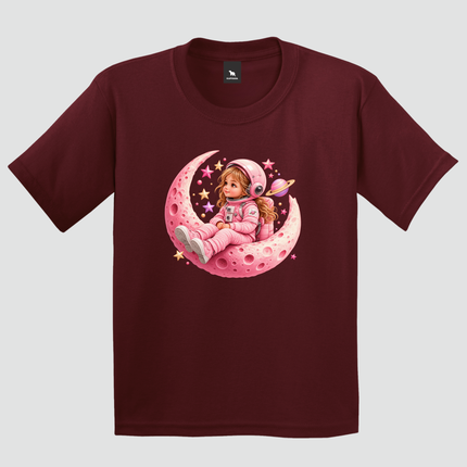 Camiseta infantil bordô Astronauta Lua Rosa com estampa espacial