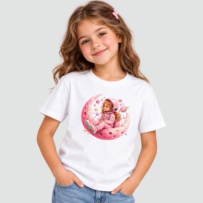 Menina usando camiseta branca Astronauta Lua Rosa