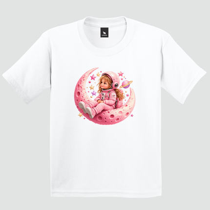 Camiseta infantil branca Astronauta Lua Rosa com estampa espacial