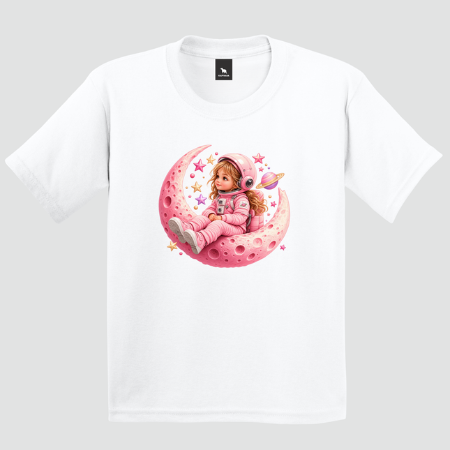 Camiseta infantil branca Astronauta Lua Rosa com estampa espacial