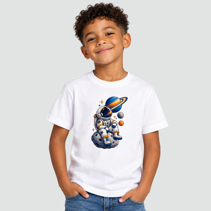 Menino usando camiseta branca com estampa de astronauta e planetas
