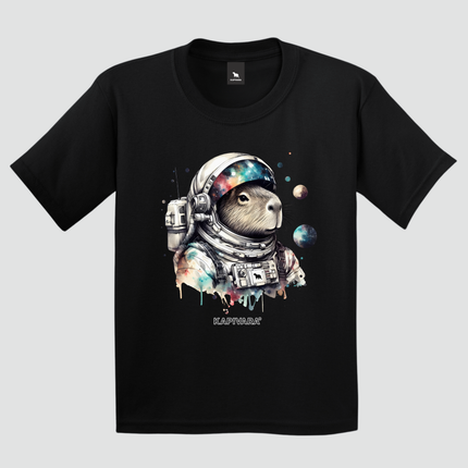 Camiseta preta com estampa de capivara astronauta sendo usada por modelo