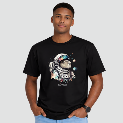 Camiseta preta com estampa de capivara astronauta frente
