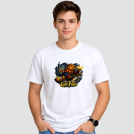 Camiseta branca com estampa capivara Kapy Potter sendo usada por modelo