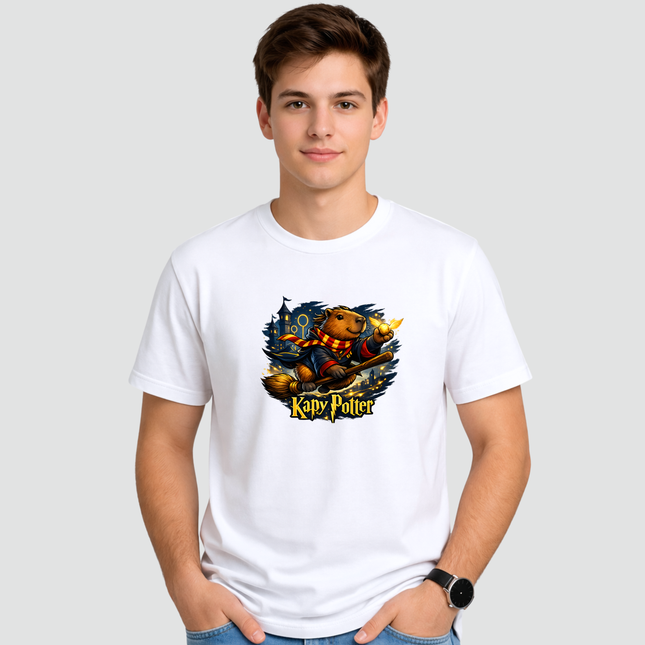 Camiseta branca com estampa capivara Kapy Potter sendo usada por modelo