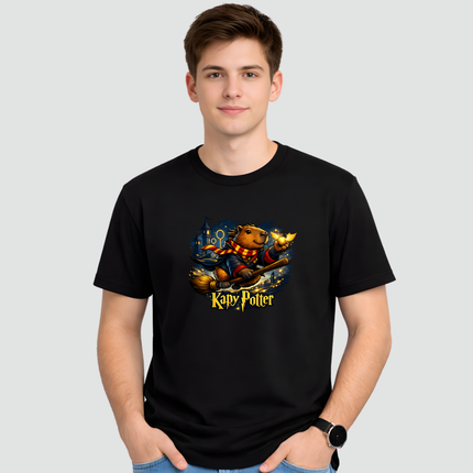 Camiseta preta com estampa capivara Kapy Potter sendo usada por modelo
