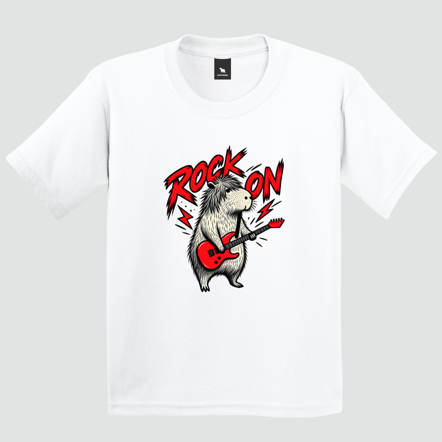 Camiseta infantil branca Capivara Rock com estampa Rock On