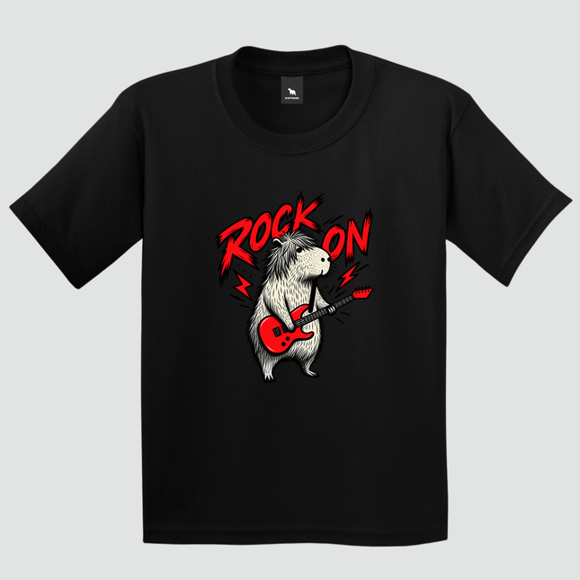 Camiseta infantil preta Capivara Rock com guitarra