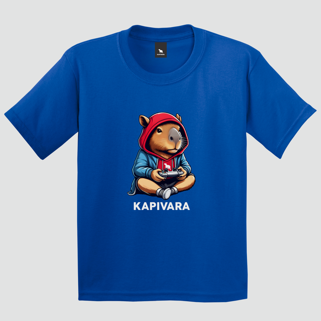 Camiseta capivara videogame estilosa azul vista frontal