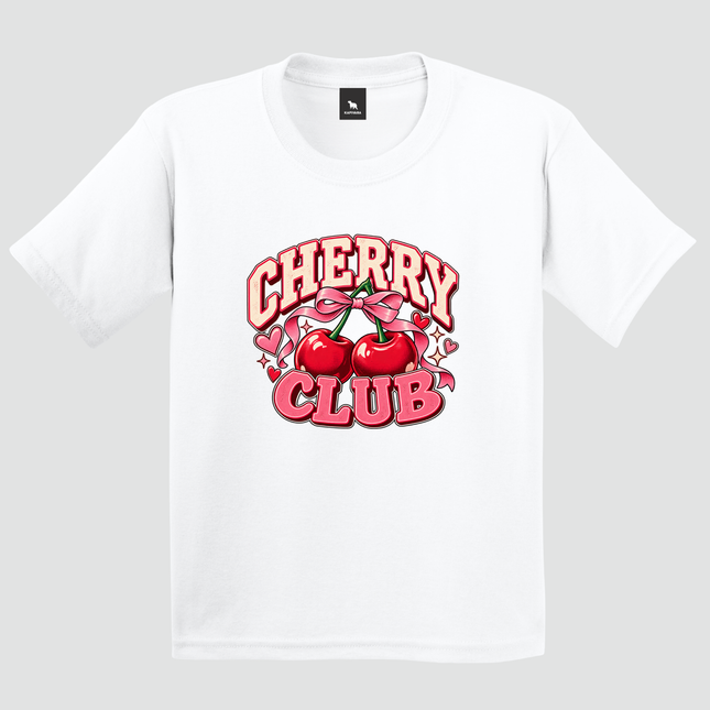 Camiseta Cherry Club branca com estampa de cerejas retrô