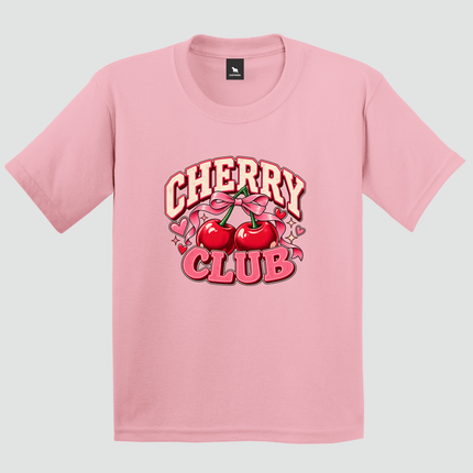 Camiseta Cherry Club rosa com estampa de cerejas retrô