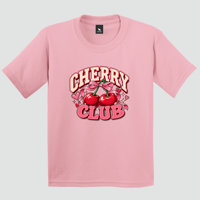 Camiseta Cherry Club rosa com estampa de cerejas retrô