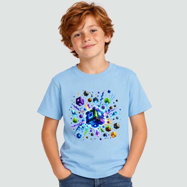Menino usando camiseta Cubo Gamer azul claro