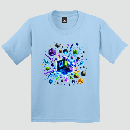 Camiseta infantil Cubo Gamer azul claro com estampa de blocos coloridos
