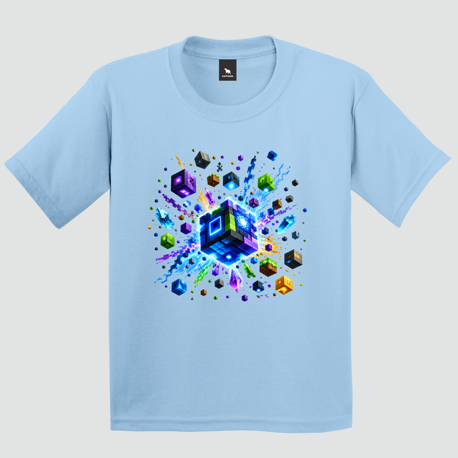 Camiseta infantil Cubo Gamer azul claro com estampa de blocos coloridos