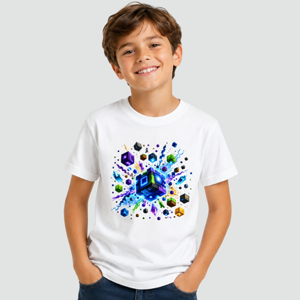 Menino usando camiseta Cubo Gamer branca