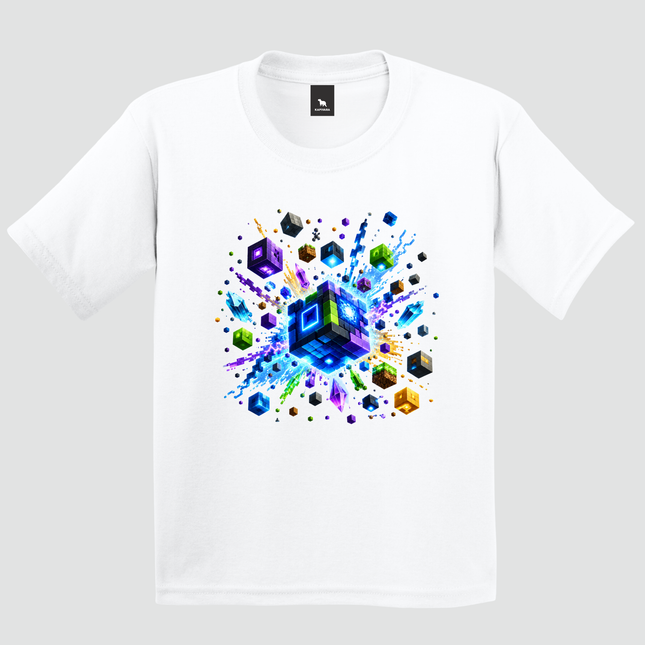 Camiseta infantil Cubo Gamer branca com estampa de blocos coloridos