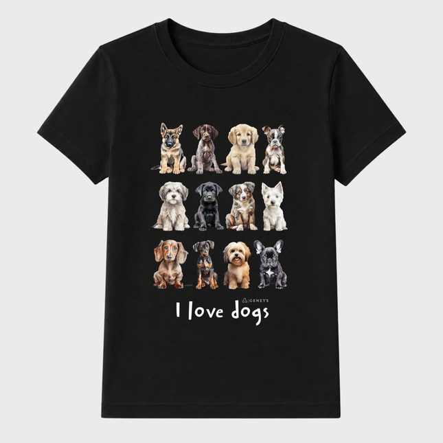 Camiseta feminina preta I Love Dogs com estampa exclusiva de diversas raças de cachorros