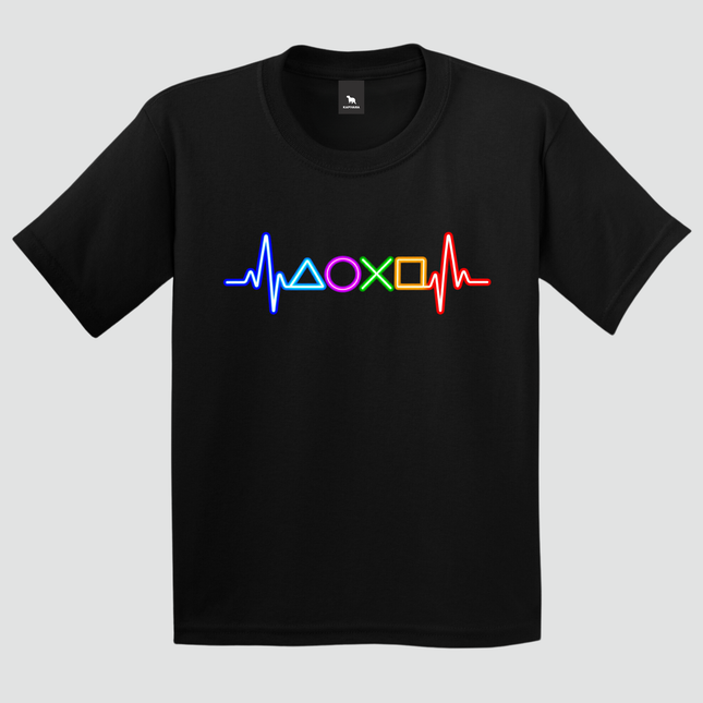 Camiseta infantil Gamer Pulse preta com estampa colorida