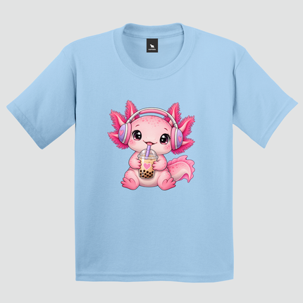 Camiseta infantil azul-claro com estampa de axolote Bubble Tea