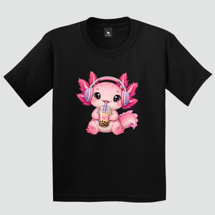 Camiseta infantil preta com estampa de axolote Bubble Tea