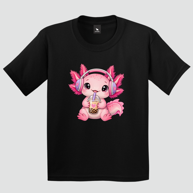 Camiseta infantil preta com estampa de axolote Bubble Tea