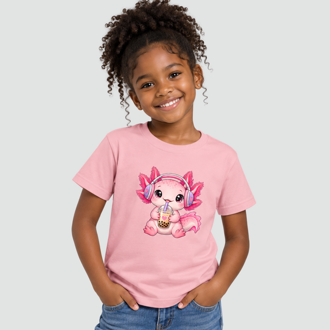 Menina usando camiseta infantil rosa com estampa de axolote Bubble Tea