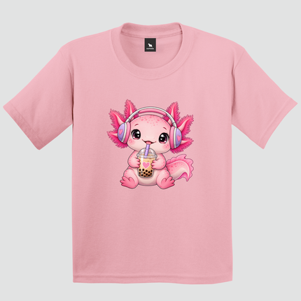 Camiseta infantil rosa com estampa de axolote Bubble Tea