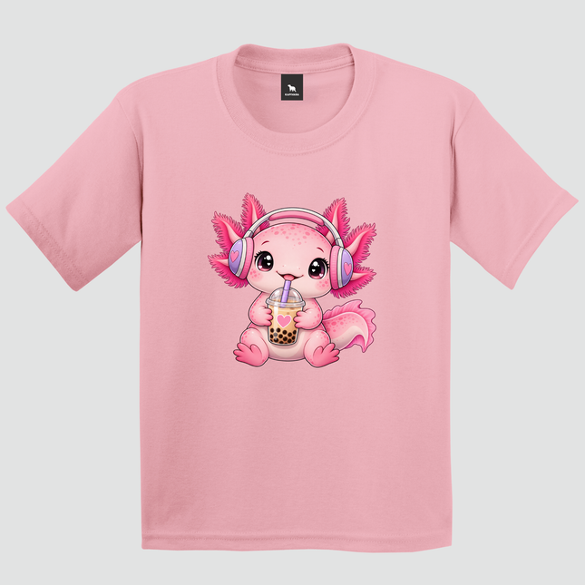 Camiseta infantil rosa com estampa de axolote Bubble Tea