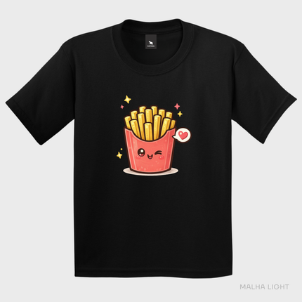 Camiseta infantil preta Malha Light com estampa cute de batata frita