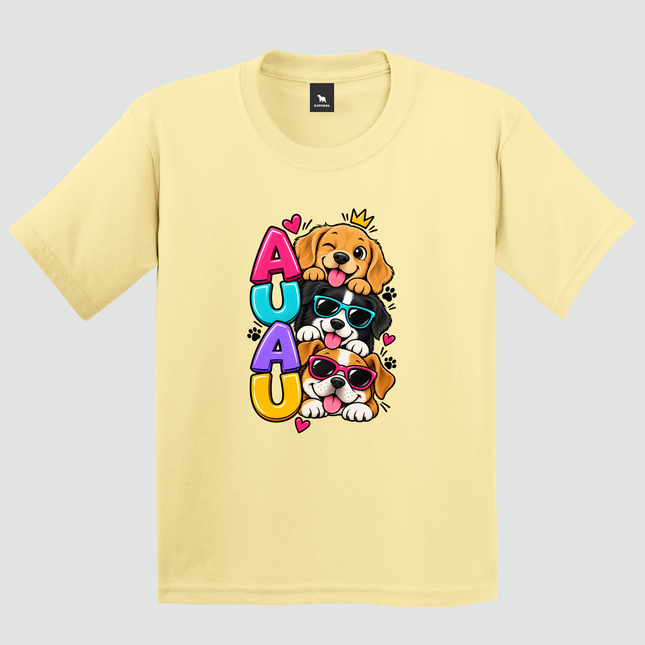 Camiseta infantil amarela Cachorrinhos Au Au