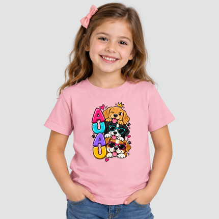Menina usando camiseta infantil rosa Cachorrinhos Au Au