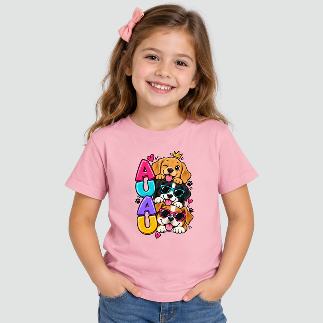 Menina usando camiseta infantil rosa Cachorrinhos Au Au