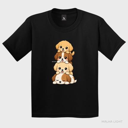 Camiseta infantil preta Malha Light com estampa cute de cachorrinhos