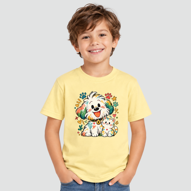 Menino usando camiseta infantil amarela com estampa de cachorro e gatinho