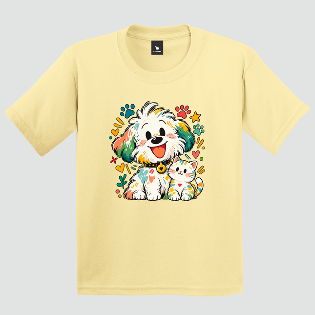 Camiseta infantil amarela com estampa de cachorro e gatinho