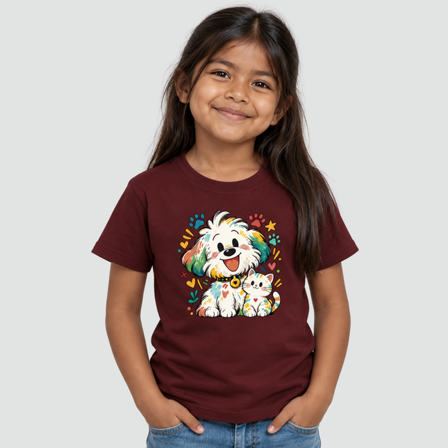 Menina usando camiseta infantil bordô com estampa de cachorro e gatinho