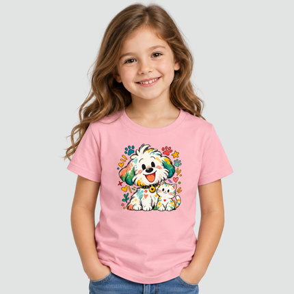 Menina usando camiseta infantil rosa com estampa de cachorro e gatinho