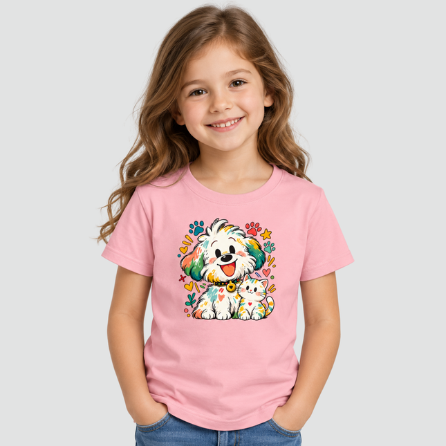 Menina usando camiseta infantil rosa com estampa de cachorro e gatinho