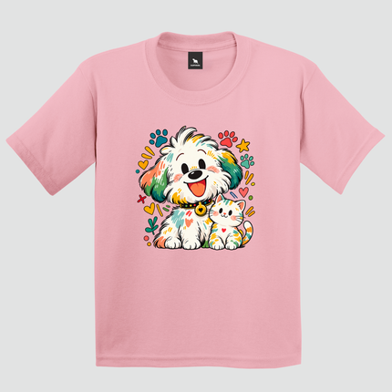 Camiseta infantil rosa com estampa de cachorro e gatinho