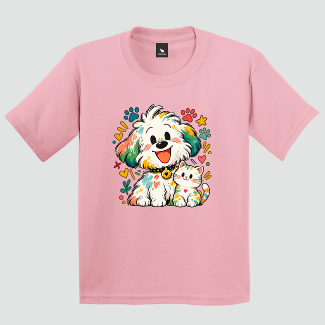 Camiseta infantil rosa com estampa de cachorro e gatinho
