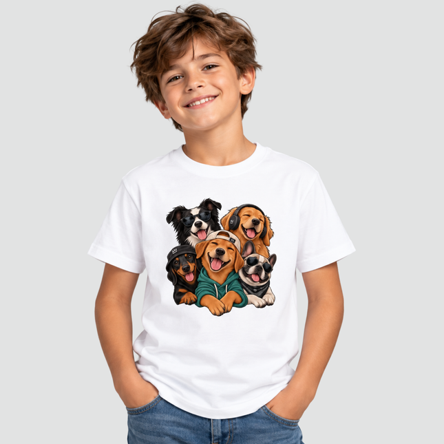 Menino usando Camiseta Infantil Cachorros Good Vibes branca