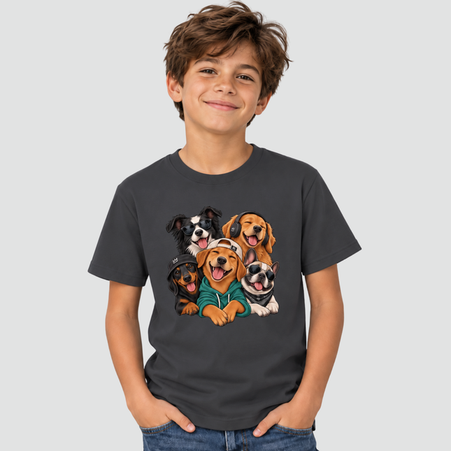 Menino usando Camiseta Infantil Cachorros Good Vibes cinza chumbo