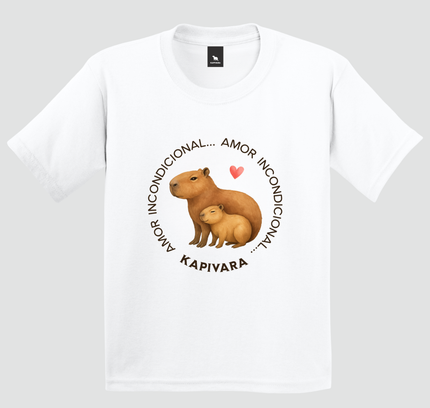 Camiseta infantil branca com estampa de capivara mãe e filhote amor incondicional