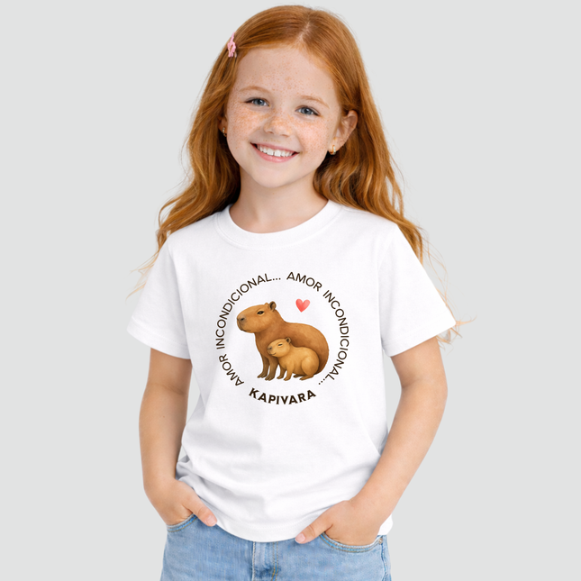 Menina usando camiseta infantil branca com estampa capivara amor incondicional